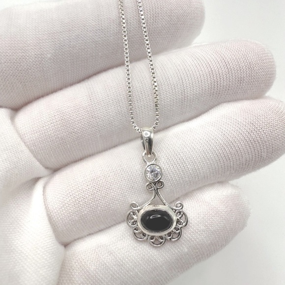Genuine Black Onyx and Clear Cz .925 Sterling Silver Necklace